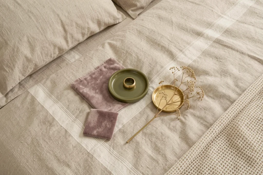 Composition de détails sur lit beige avec tissus complémentaires en mauve poudré, céramique vert olive et accessoires dorés