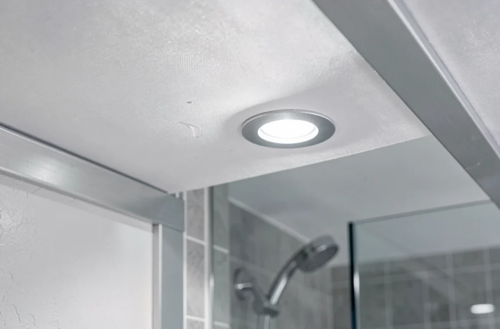 Détail du rail et de la membrane d'un plafond en toile tendue dans une salle de bain avec spotlight encastré