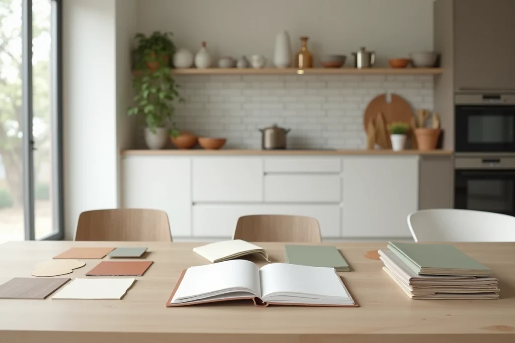 Table de salle à manger avec échantillons de matériaux et carnets de notes pour une consultation en décoration intérieure