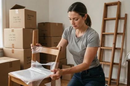 Femme emballant des meubles avec du papier bulle avant un déménagement et stockage temporaire