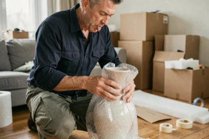 Homme enveloppant soigneusement un vase en céramique fragile dans du papier bulle lors d'un déménagement