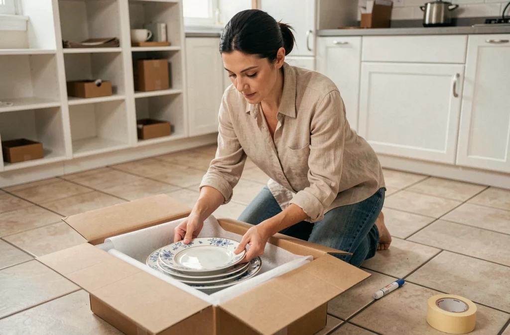 Femme emballant méthodiquement de la vaisselle fragile en porcelaine dans des boîtes de déménagement avec du papier de protection