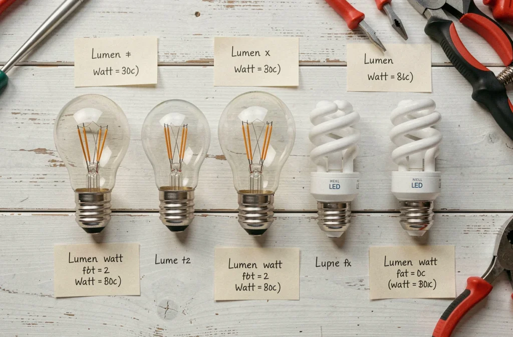Comparaison visuelle des ampoules LED halogène et fluocompacte avec équivalences lumens et watts sur fond blanc