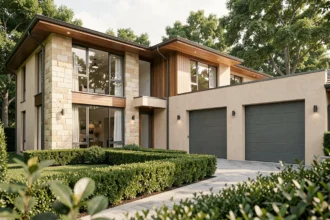 Façade extérieure d'une maison familiale moderne avec garage intégré et jardin aménagé