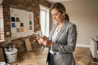 Femme utilisant une application de décoration intérieure sur tablette dans un salon en cours de rénovation avec parquet en chevrons et briques apparentes