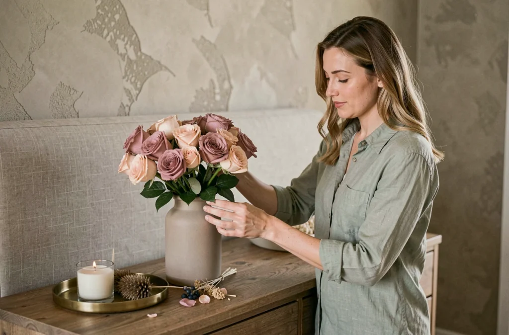 Femme arrangeant un bouquet de roses roses dans un vase en céramique sur une commode en bois dans une chambre décorée avec goût