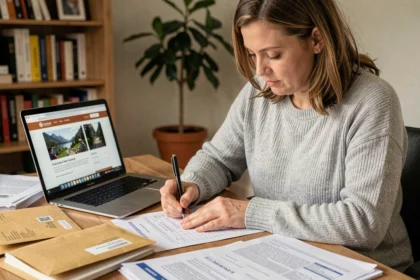 Femme remplissant un formulaire de changement d'adresse à son bureau à domicile entouré de documents administratifs