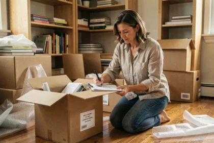 Femme préparant un inventaire de déménagement en notant le contenu de cartons ouverts dans un salon à moitié déballé