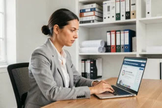 Femme en blazer gris consultant un dossier de permis de construire sur un ordinateur portable dans un bureau à domicile moderne
