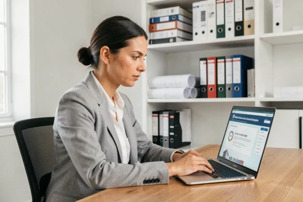 Femme en blazer gris consultant un dossier de permis de construire sur un ordinateur portable dans un bureau à domicile moderne