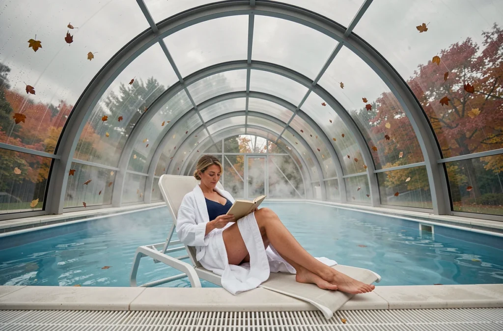 Femme se relaxant sous un abri de piscine en polycarbonate transparent pendant l'automne pour profiter de la piscine hors saison