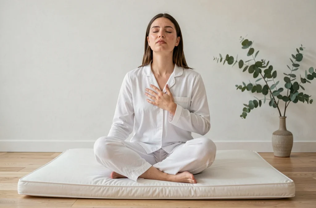 Jeune femme en pyjama blanc respirant profondément assise sur un matelas futon japonais en latex naturel posé sur parquet en chêne, symbolisant le soulagement des allergies respiratoires grâce au latex hypoallergénique