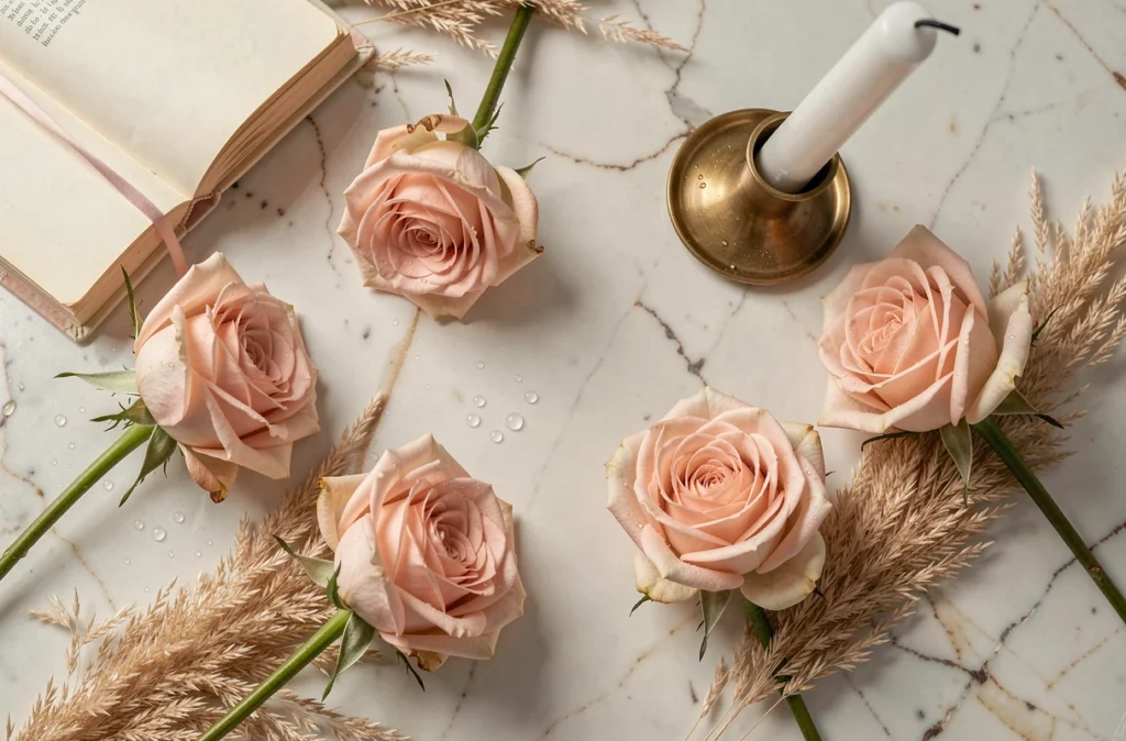 Flat lay éditorial de roses roses et accessoires de décoration sur marbre blanc, style magazine maison élégant et naturel