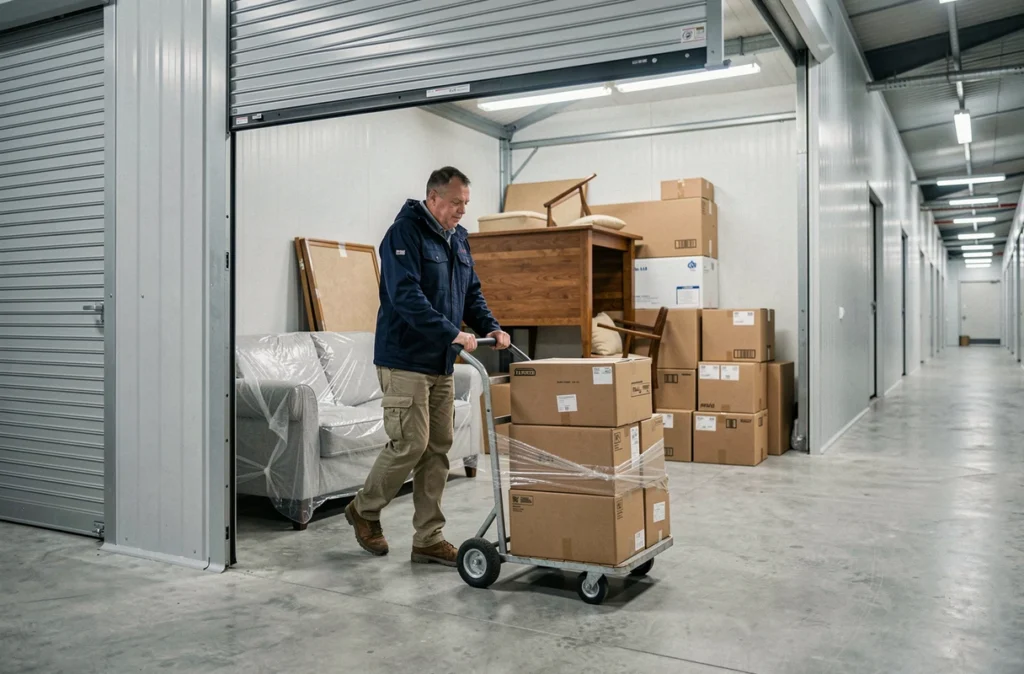 Homme déplaçant des cartons dans un garde-meuble lors d'un stockage temporaire entre deux logements