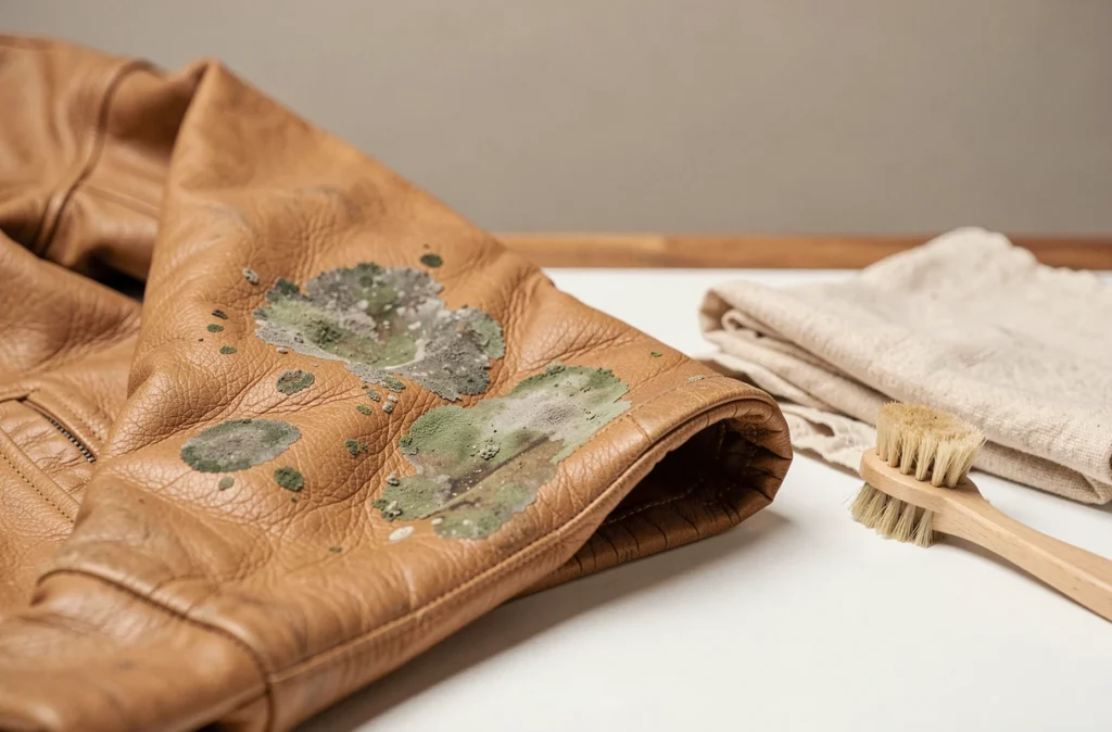 Gros plan sur une manche de veste en cuir vintage avec des taches de moisissure et des outils de nettoyage posés à côté