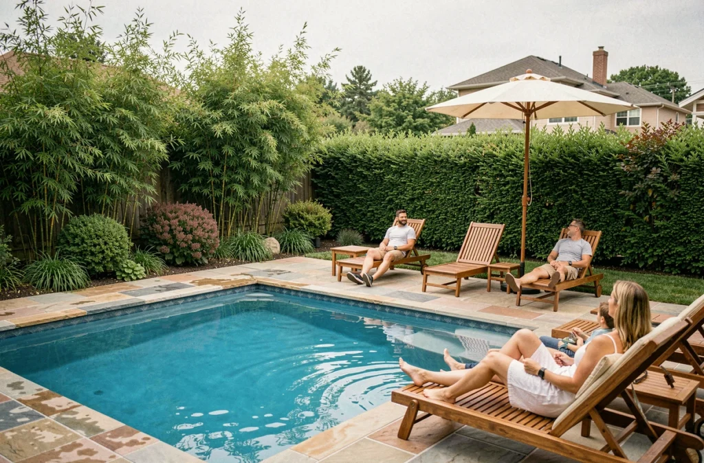 Famille profitant d'une piscine entourée de haies épaisses et de bambous formant une barrière naturelle contre les nuisances sonores dans un jardin résidentiel