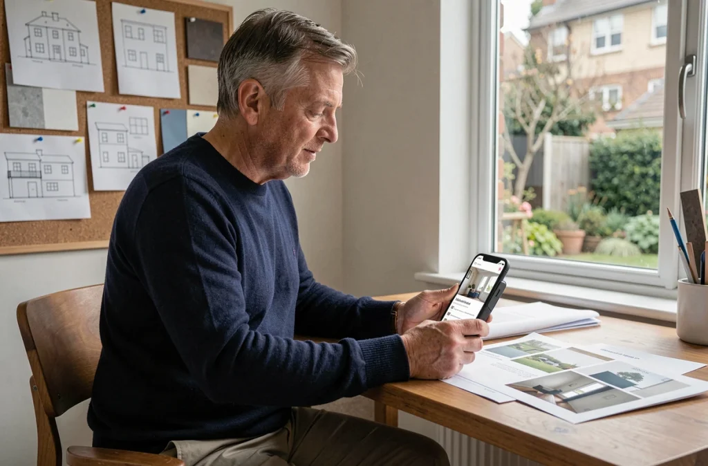 Homme consultant une application de décoration sur smartphone et des planches d'ambiance imprimées dans un bureau à domicile pour préparer la valorisation de son bien immobilier