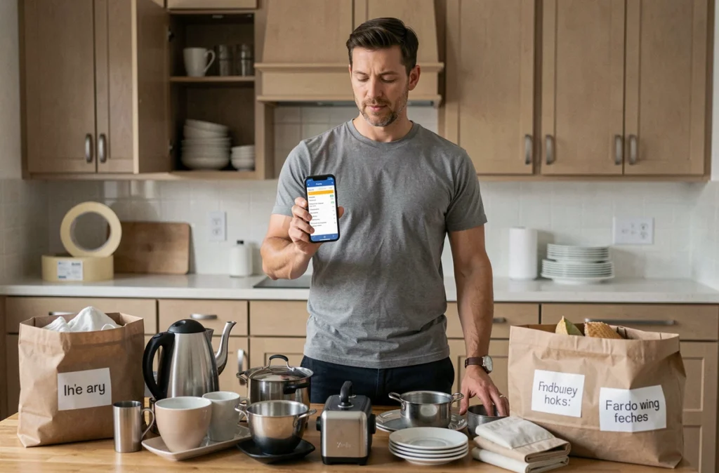 Homme utilisant une application sur smartphone pour créer un inventaire des objets ménagers avant un déménagement