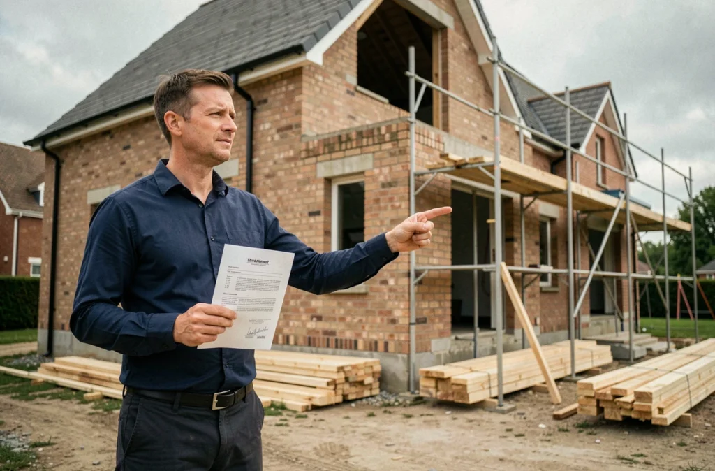 Homme tenant un document de permis de construire devant une maison en construction dans un quartier résidentiel
