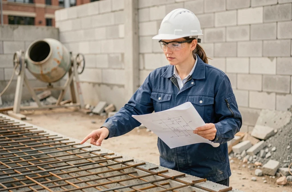 Ingénieure de chantier vérifiant le plan de ferraillage d'un dallage en béton armé lors d'une inspection de chantier