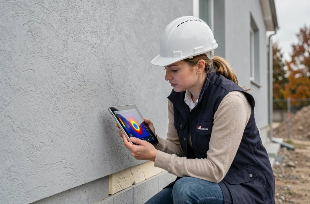 Architecte inspectant les ponts thermiques d'une façade isolée par l'extérieur avec enduit sur polystyrène à l'aide d'une caméra thermique