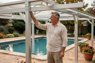 Homme installant un abri de piscine en aluminium dans un jardin en arrière-saison pour prolonger la saison de baignade