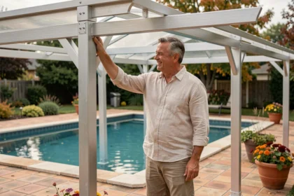 Homme installant un abri de piscine en aluminium dans un jardin en arrière-saison pour prolonger la saison de baignade