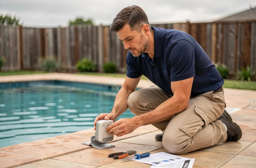 Technicien en train d'installer une alarme de sécurité pour piscine privée sur le bord du bassin