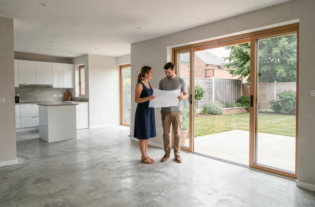 Intérieur spacieux d'une maison plain pied 100m2 évolutive avec couple consultant le plan d'agrandissement