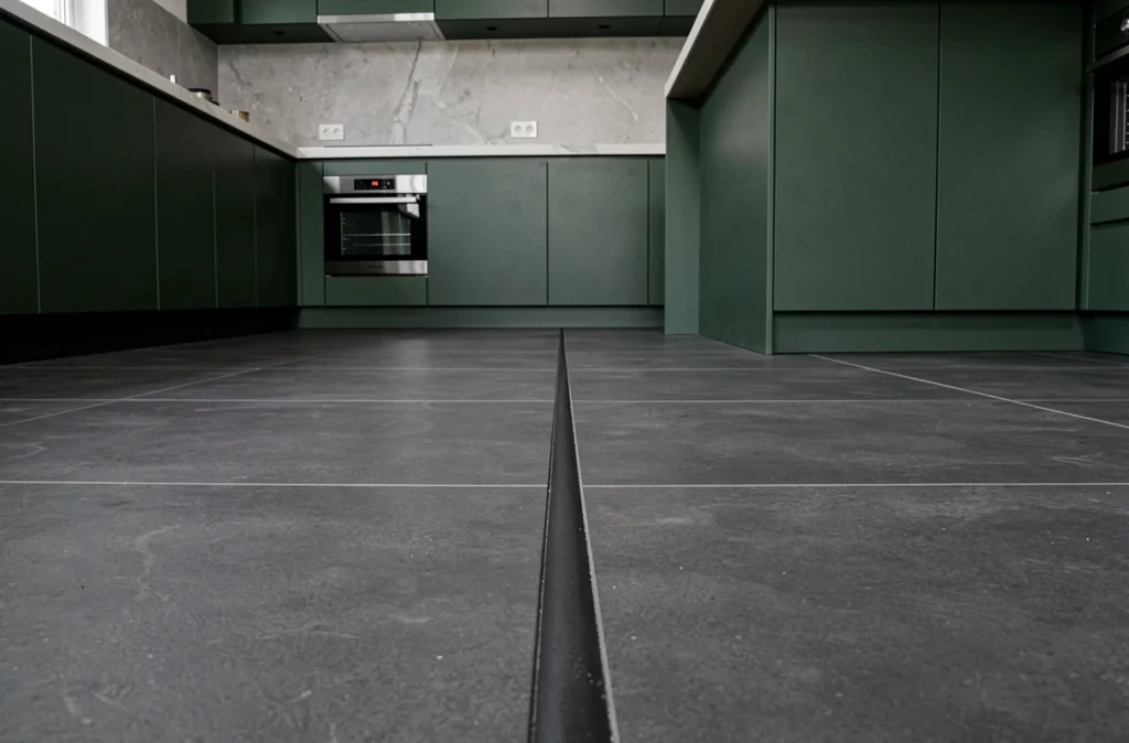 Joint de dilatation anthracite invisible entre carrelage grand format dans une cuisine contemporaine haut de gamme