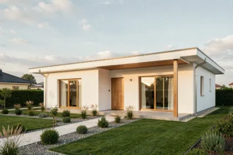 Maison plain pied de 100m2 avec façade blanche et terrain aménagé, vue extérieure architecturale