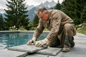 Maçon posant des dalles en granit naturel autour d'une piscine extérieure dans un jardin alpin suisse