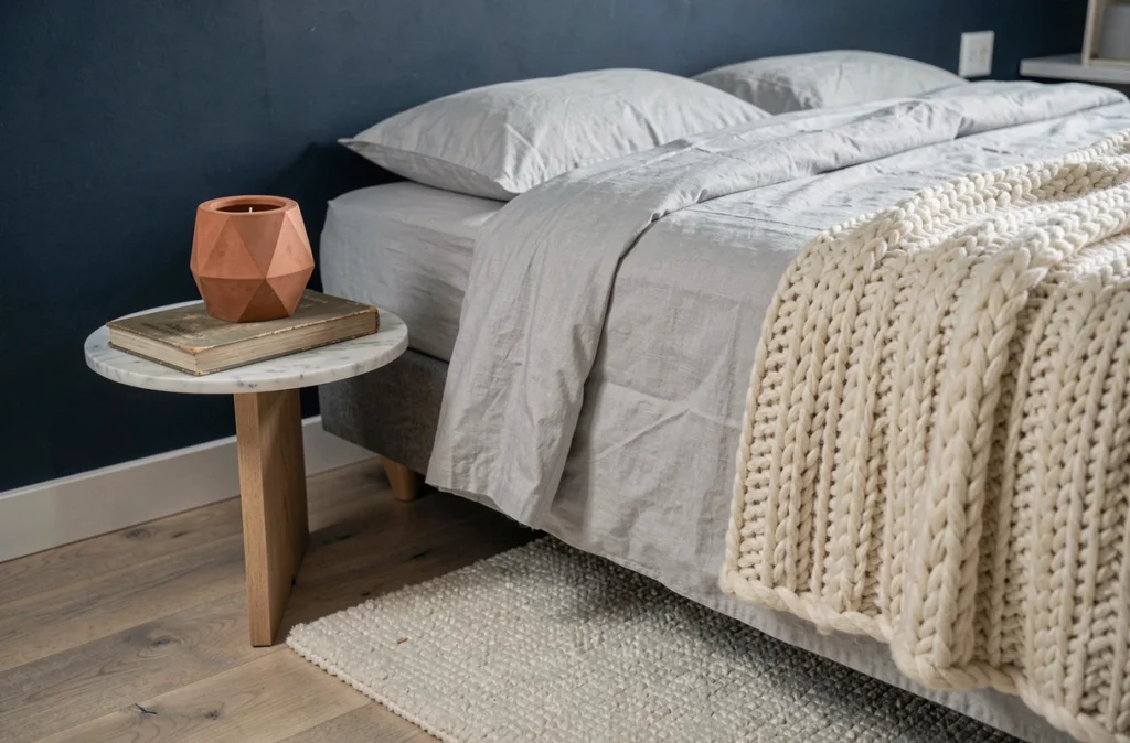 Mur accent bleu marine dans une chambre adulte minimaliste avec parquet clair et linge de lit gris perle