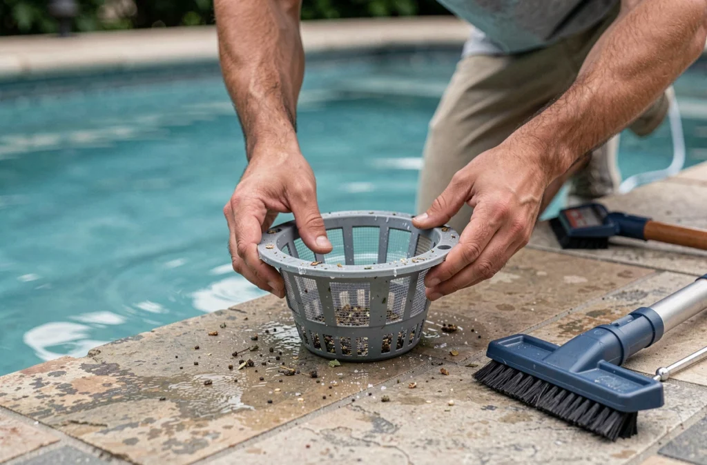 Nettoyage du panier de skimmer d'une piscine au sel lors d'une session d'entretien régulier