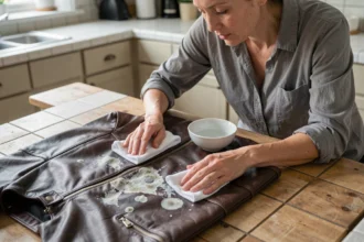 Femme nettoyant une veste en cuir moisie posée sur une table en bois avec un chiffon doux et une solution nettoyante