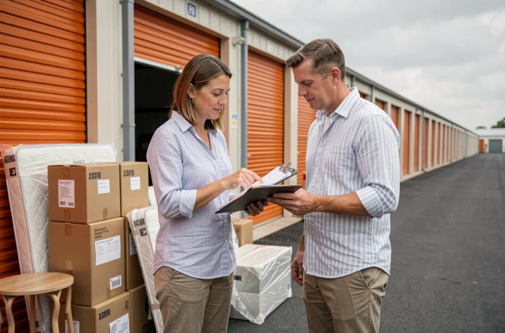 Couple consultant un inventaire devant un garde-meuble pour organiser le stockage de leurs meubles