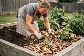 Femme jardinière étalant du paillis de bois autour de plants de légumes pour limiter l'évaporation de l'eau dans le sol