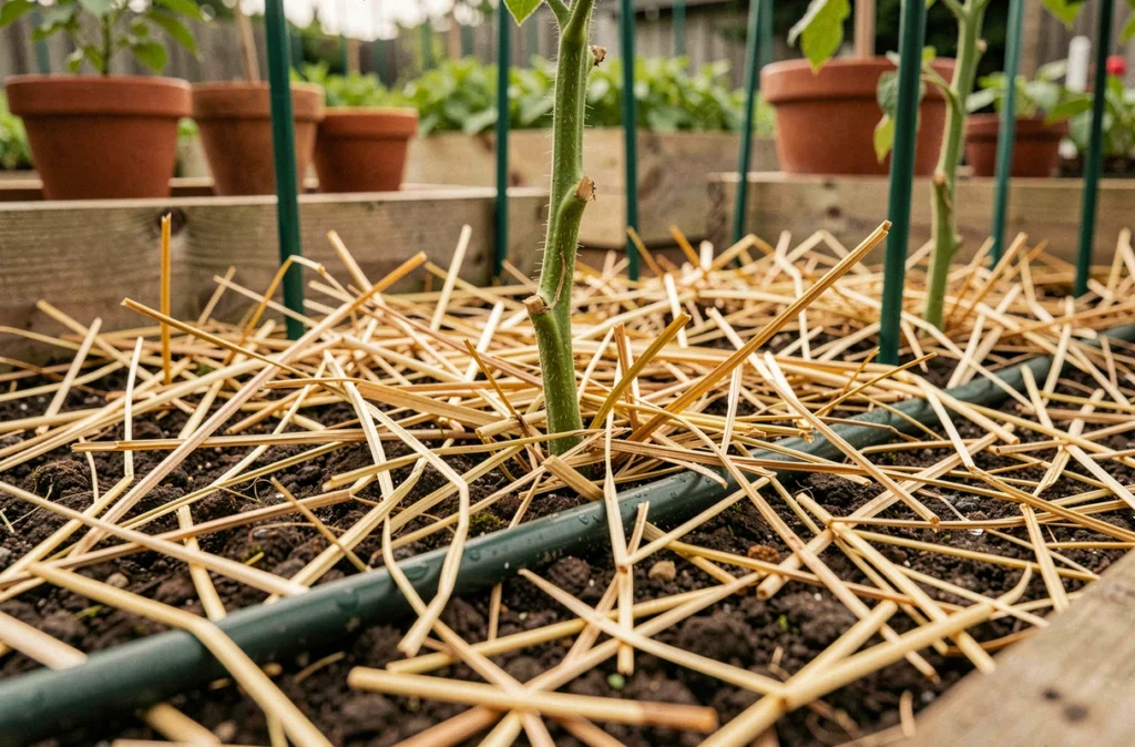 Détail d'un paillis de paille sur un potager avec irrigation goutte-à-goutte pour optimiser la rétention d'eau dans le sol