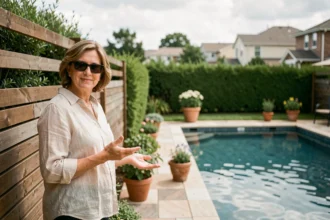 Femme installant un panneau acoustique en bois autour d'une piscine pour réduire les nuisances sonores dans un jardin résidentiel
