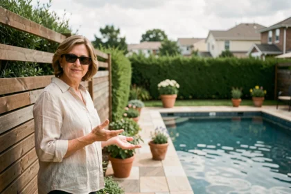 Femme installant un panneau acoustique en bois autour d'une piscine pour réduire les nuisances sonores dans un jardin résidentiel
