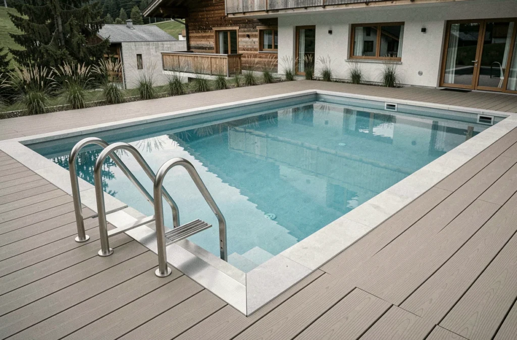 Piscine moderne en Suisse avec margelles composites et finitions en inox autour d'un chalet résidentiel