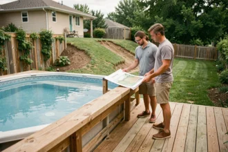 Couple examinant les plans d'installation d'une piscine hors-sol sur un terrain en pente dans un jardin suburban