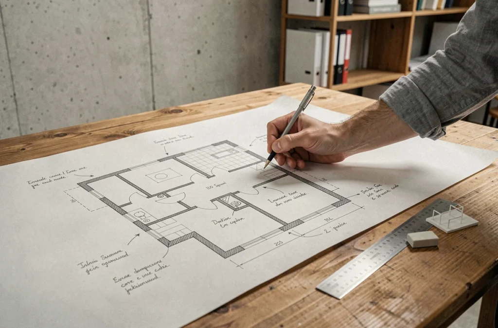 Plan de maison plain pied 100m2 évolutif sur table d'architecte avec zones d'agrandissement indiquées