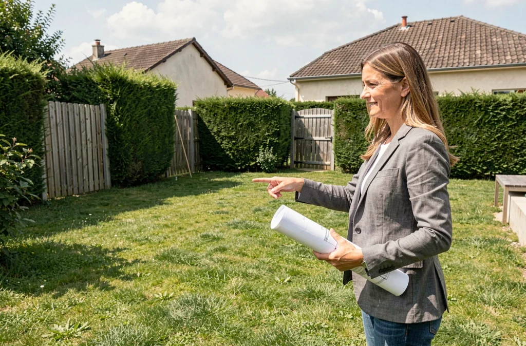 Femme architecte consultant des plans de piscine dans un jardin résidentiel avant les démarches administratives