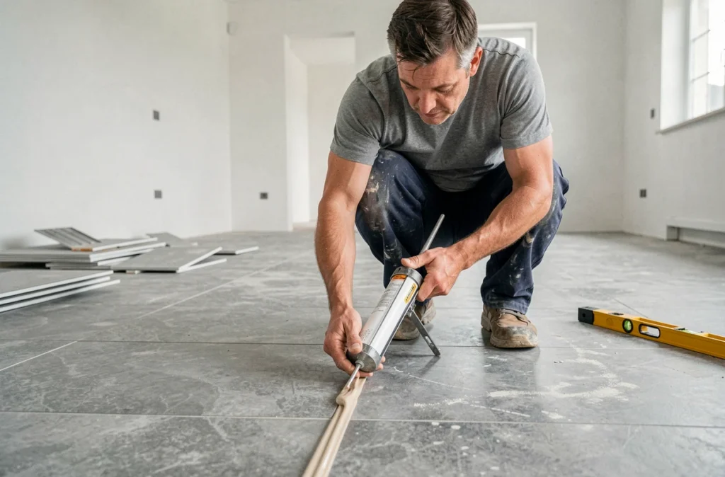 Carreleur appliquant un joint de dilatation souple sur carrelage grand format dans un salon en rénovation