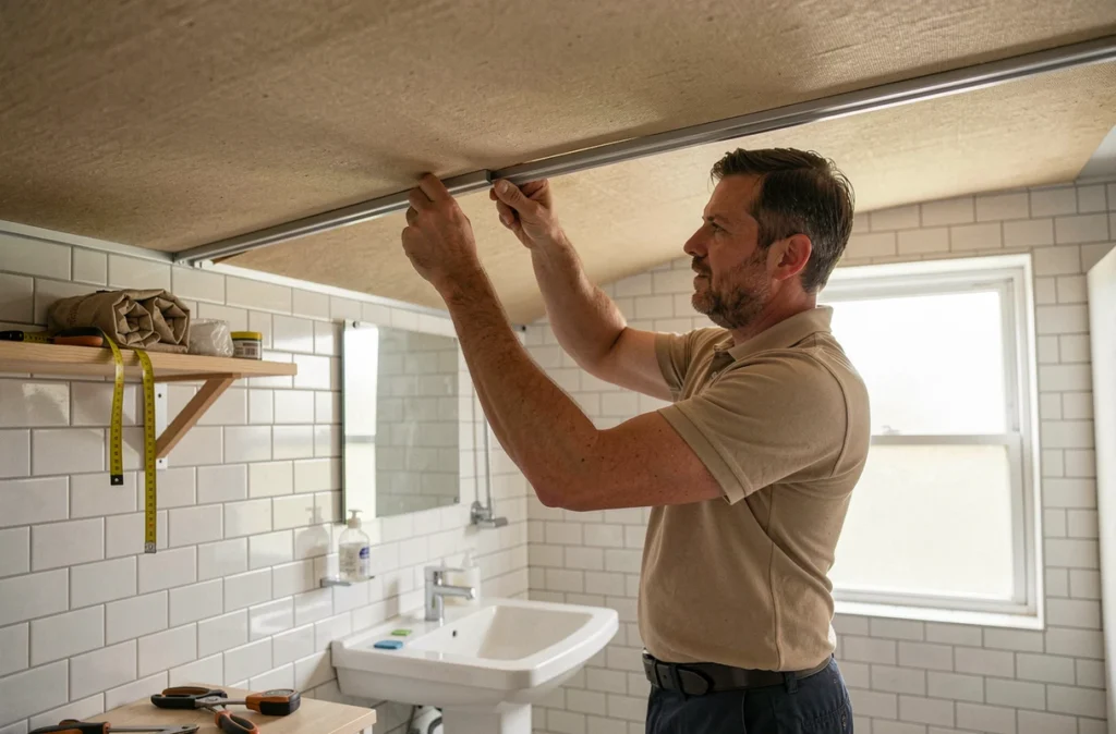 Installateur posant un plafond tendu en toile dans une petite salle de bain, fixation du rail périmétrique