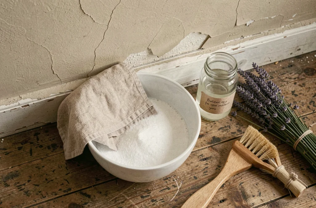 Produits écologiques pour lessiver un mur avant peinture : bicarbonate, vinaigre blanc, éponge naturelle et brosse végétale posés sur parquet ancien