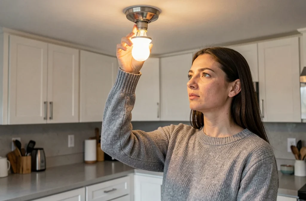 Femme remplaçant une ampoule halogène par une ampoule LED dans une cuisine moderne pour économiser de l'énergie