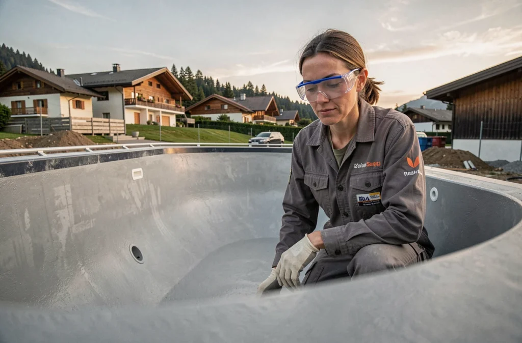 Entrepreneuse en construction inspectant un revêtement polyurée appliqué dans une piscine en béton en Suisse