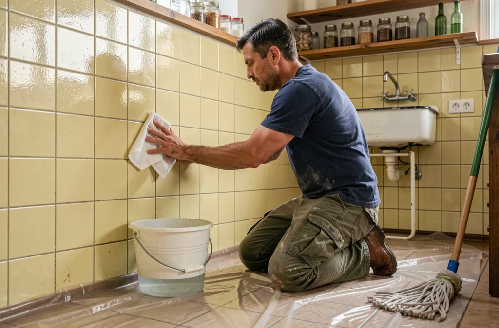 Homme qui rince un mur de cuisine carrelé après lessivage écologique, préparation de surface avant application de peinture intérieure saine
